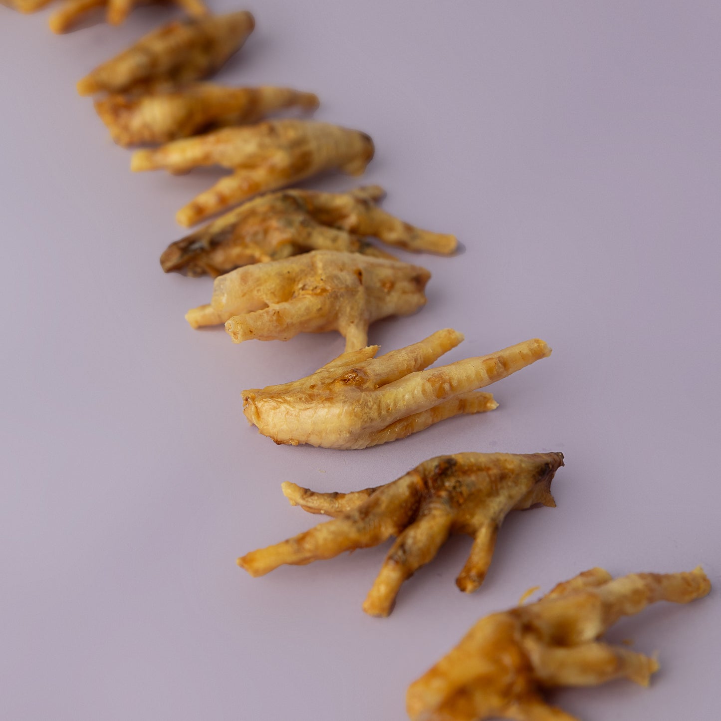Dried chicken feet arranged in a line on a light purple background, dehydrated chicken foot for dog, dog dental chew,