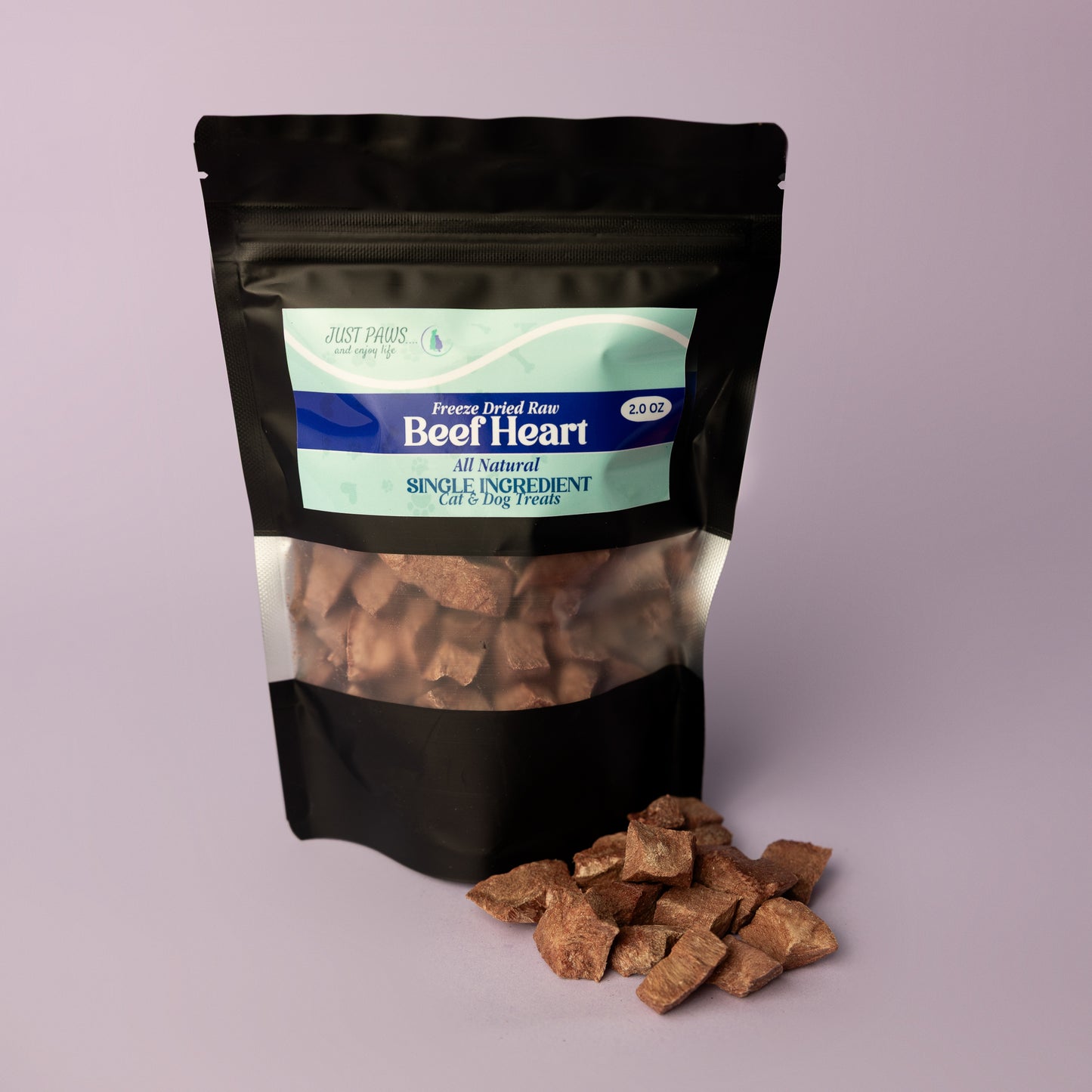 single ingredient bag of freeze-dried raw beef heart treats for dogs on a light purple background