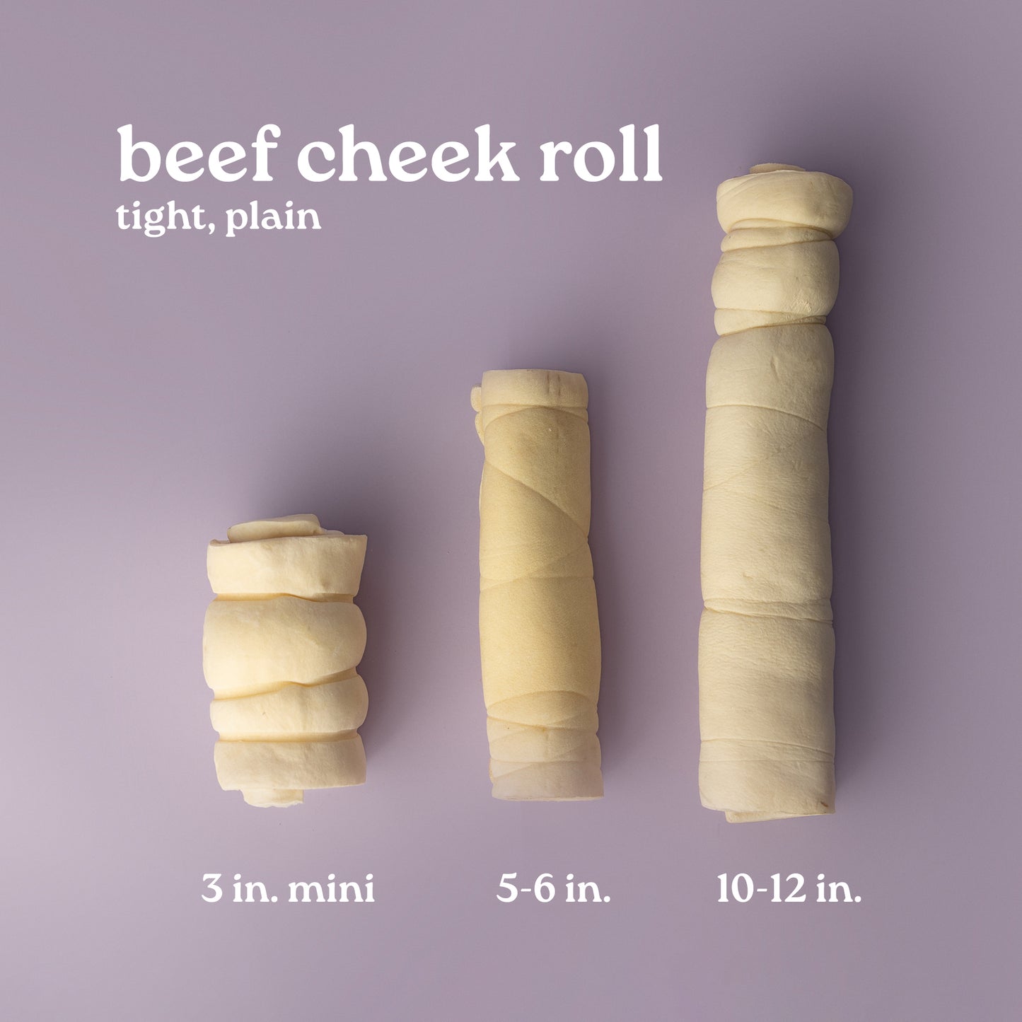 sizes of cheek rolls, rawhide alternative, power chew for dogs, beef cheek roll for dogs, long lasting dog chew on purple background
