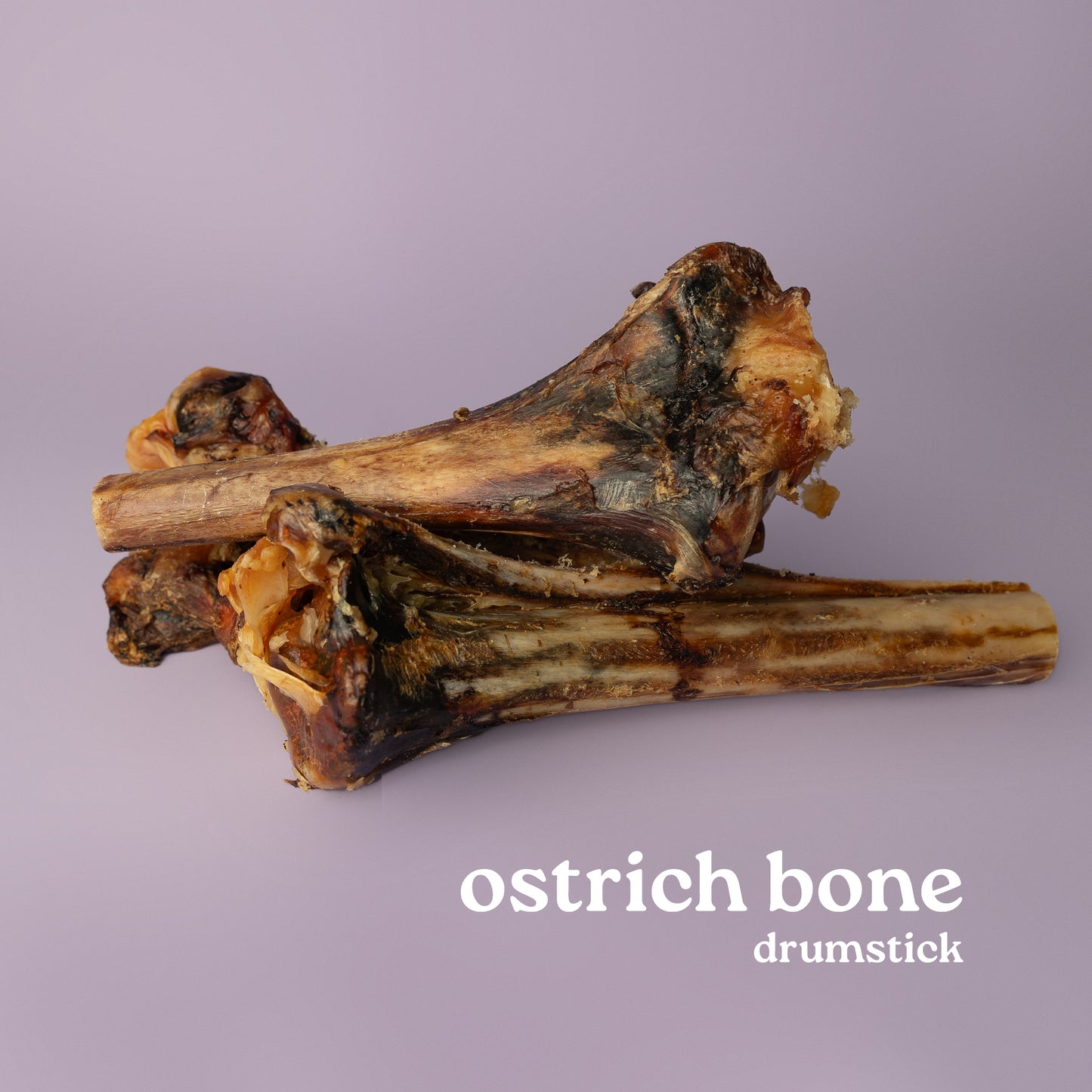 air-dried ostrich bones for dogs, strongest dog bone, dog bone for power chewer, ostrich for power chew, non-splintering dog bone on purple background