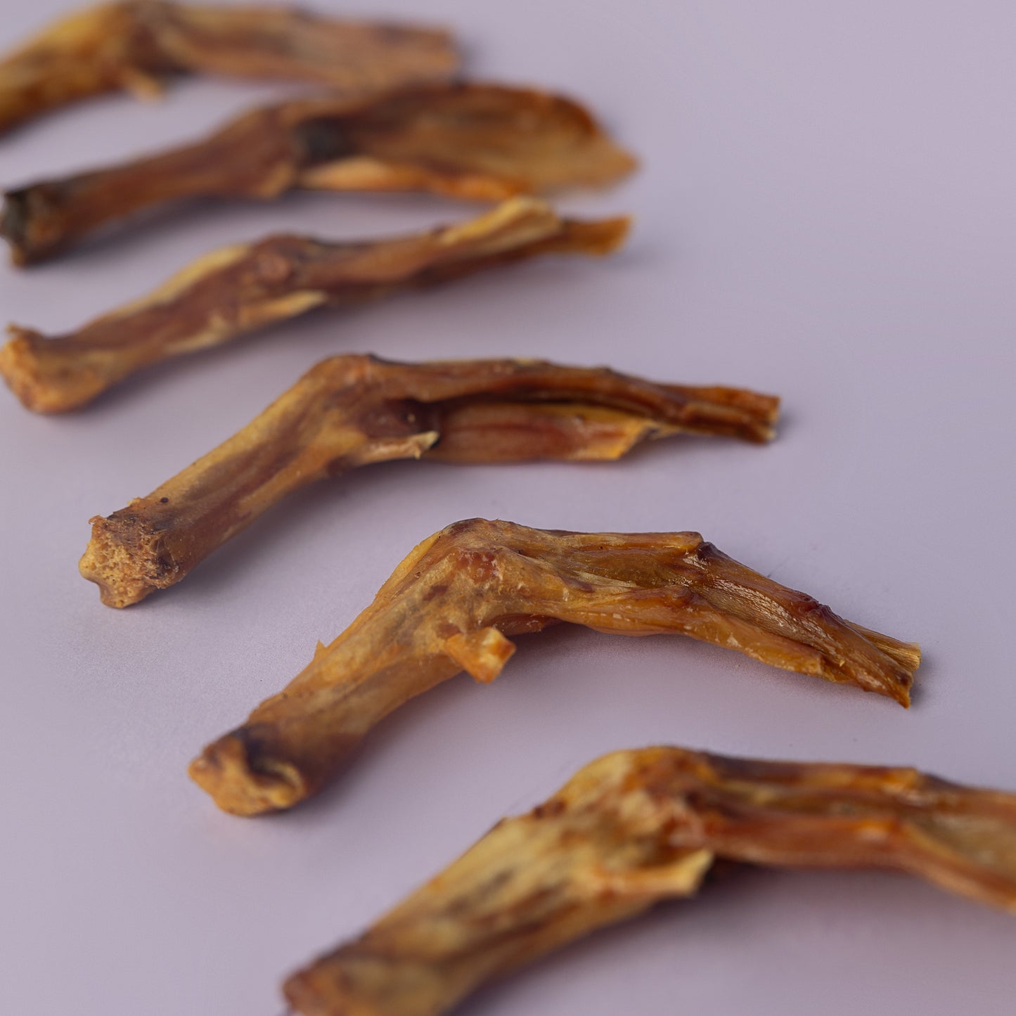 dehydrated duck foot for dog, dog dental chew, dog duck feet treat, crunchy duck feet for dogs on purple background