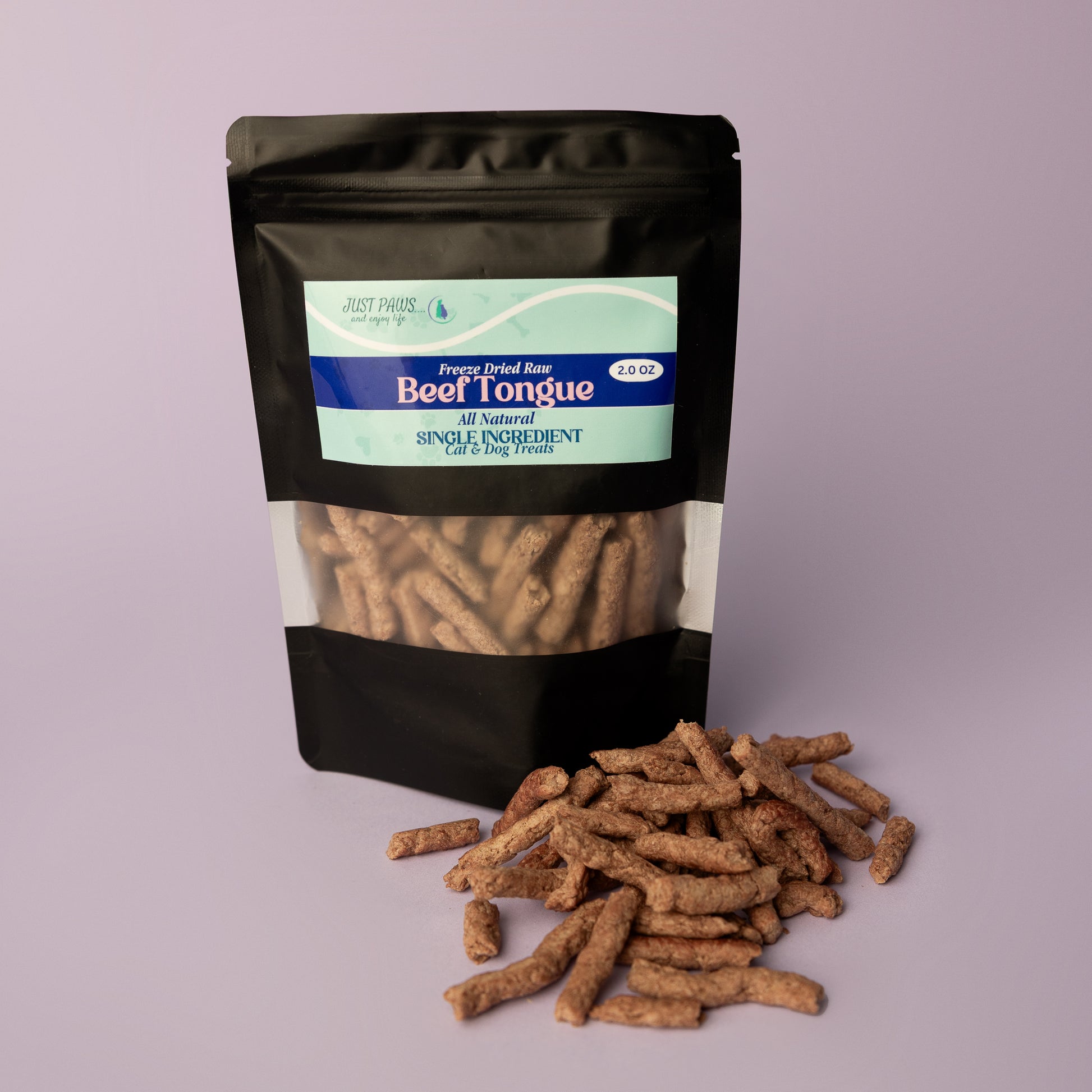 Bag of beef tongue treats with a label on a purple background, single ingredient beef tongue dog treat, locally made dog treat WV
